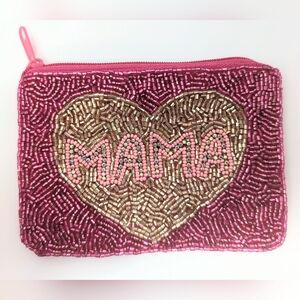 Mama Beaded Coin Purse | Pink Heart Zip Pouch Hand Beaded